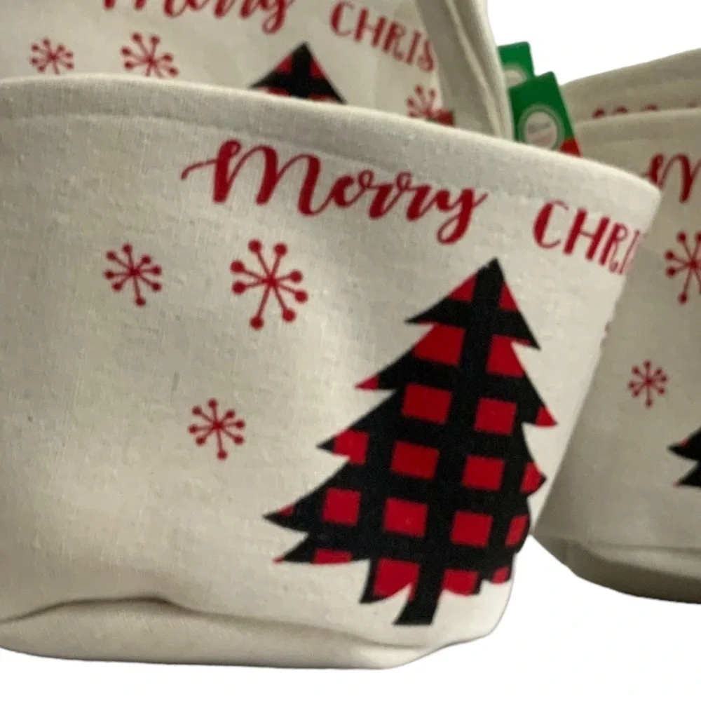 Simply Holiday Canvas Christmas Basket Lined Tote Buffalo Check Plaid